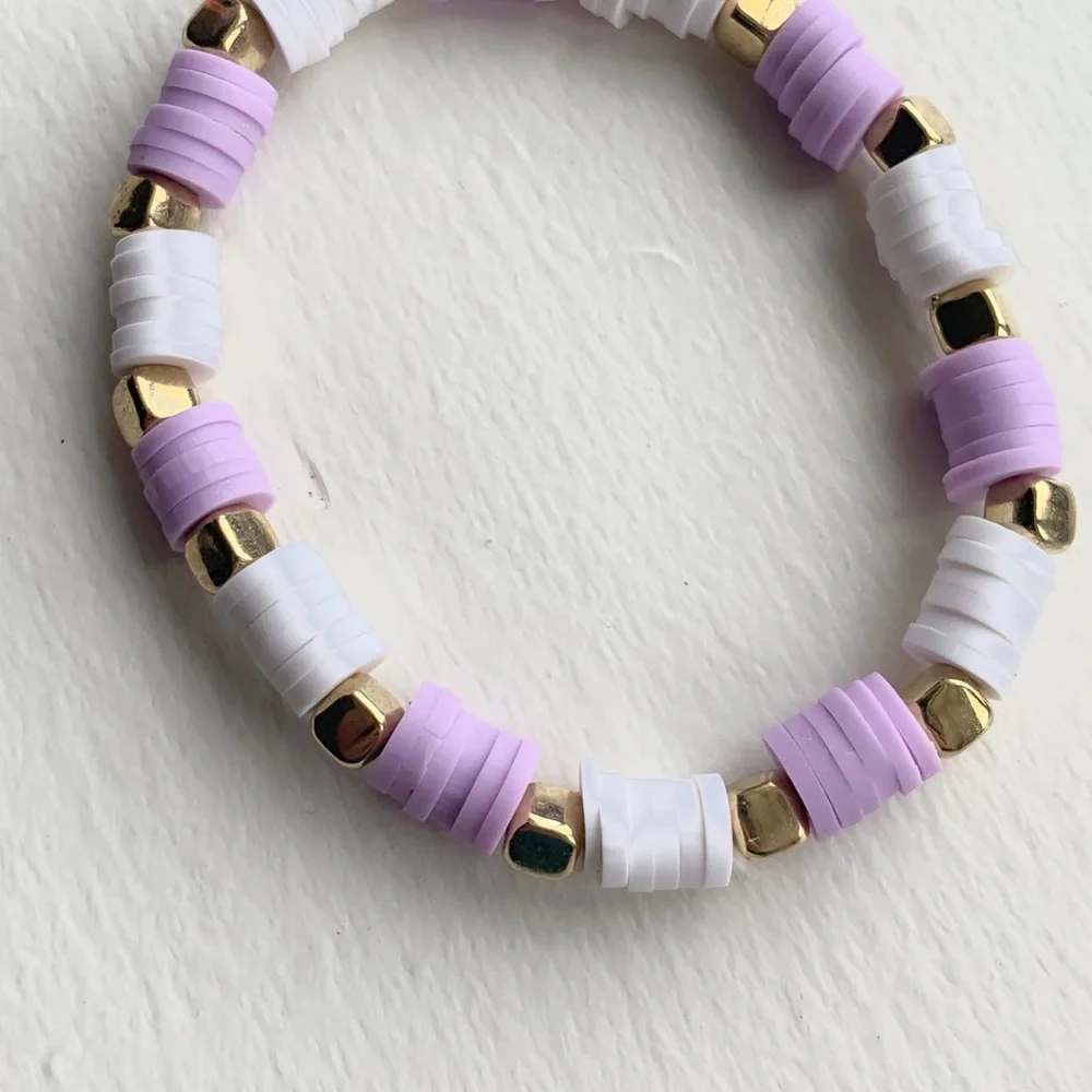 Handmade clay bead bracelet purple/white gold square bead’s stretchy - Picture 4 of 5